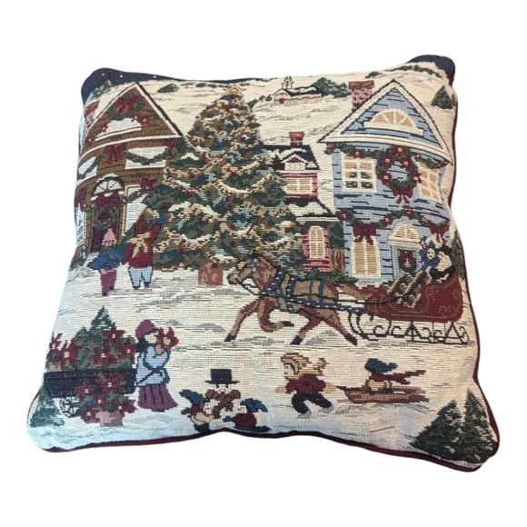 Other - VTG 80s Christmas Town Scene Horse Drawn Sleigh Winter Square Accent Pillow 17"